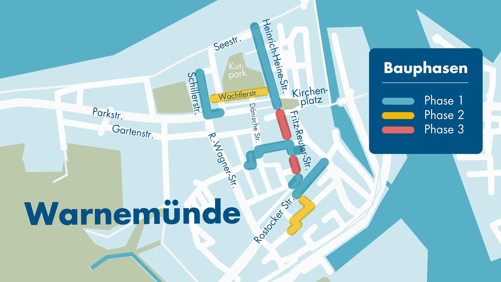 Geplante Baustellen: Phase 1 Blau: 2025; Phase 2 Gelb: 2026; Phase 3 Rot: 2027 