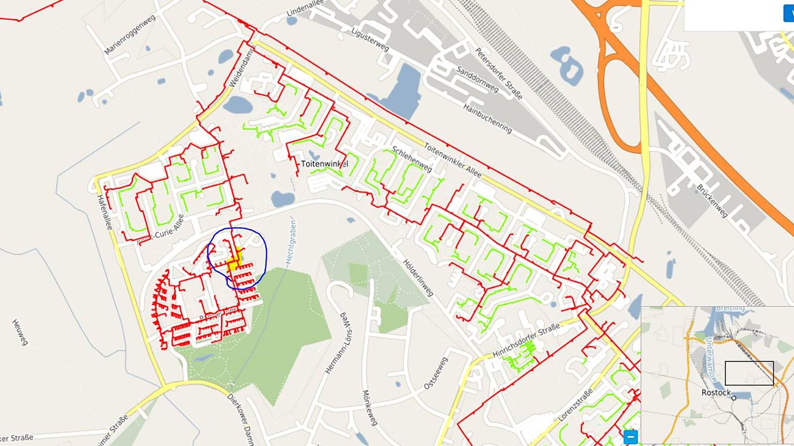 Blau eingekreist sind die betroffenen Straßen. 